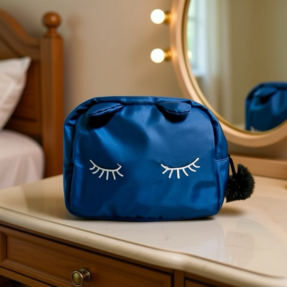 Navy Make-up Bag with zipper closure, 10” x 7”, Love & Wellness & Kitty Ears